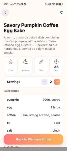 PMOS AI-generated recipe with serving information, ingredients and preparation details