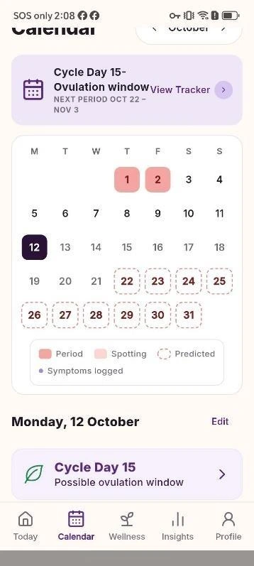 PMOS calendar showing period entries and cycle dates