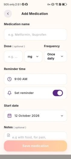PMOS medication record with dose, dates, notes and reminder preferences