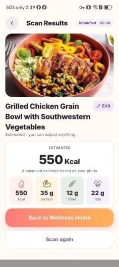 PMOS food photo scan showing estimated nutrition and ingredients