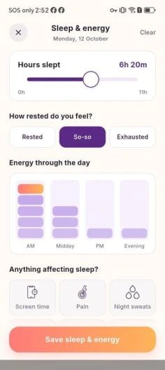 PMOS sleep log with duration and sleep-related entries