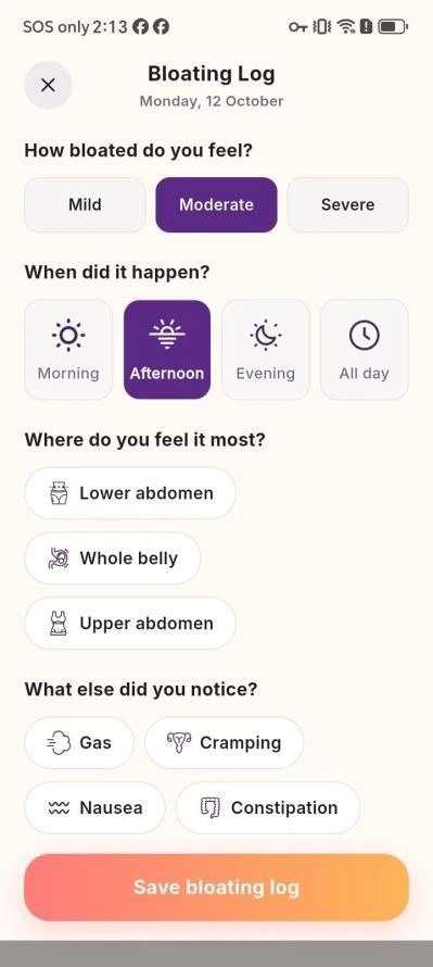 PMOS bloating log with severity, time, location and related symptoms