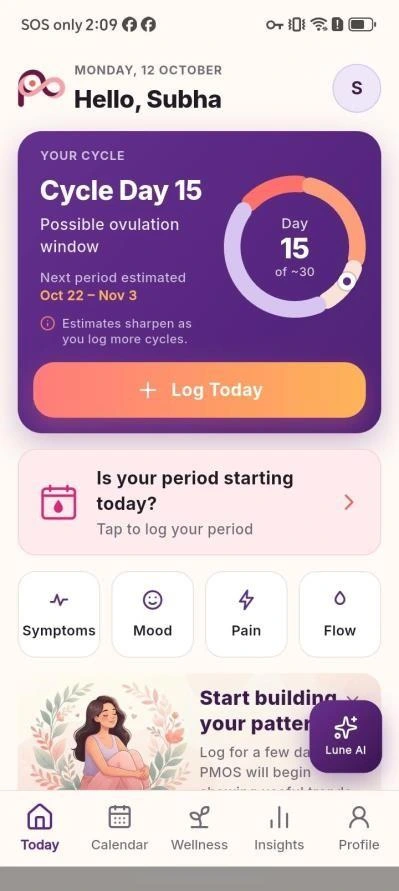 PMOS Today screen with cycle day, estimated period timing and daily check-in
