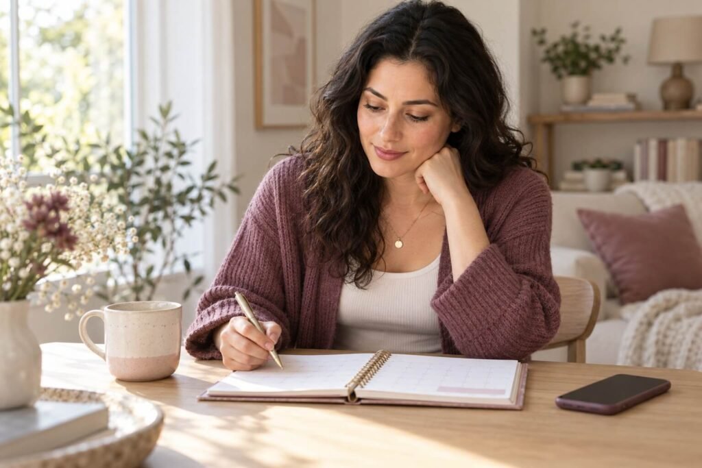 Woman writing in a paper calendar at a table with a smartphone nearby