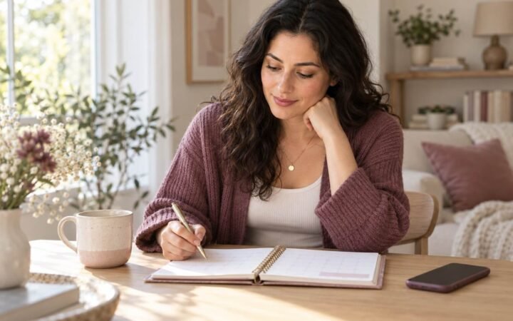 Woman writing in a paper calendar at a table with a smartphone nearby